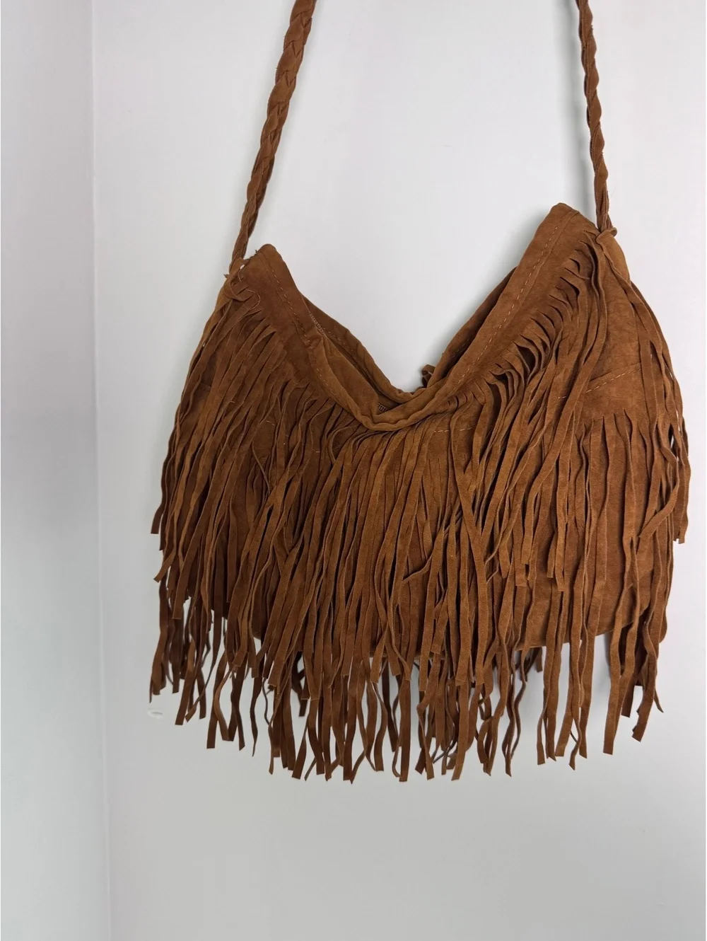 Brown Faux Suede Fringe Crossbody Bag Braided Strap Boho Western Festival